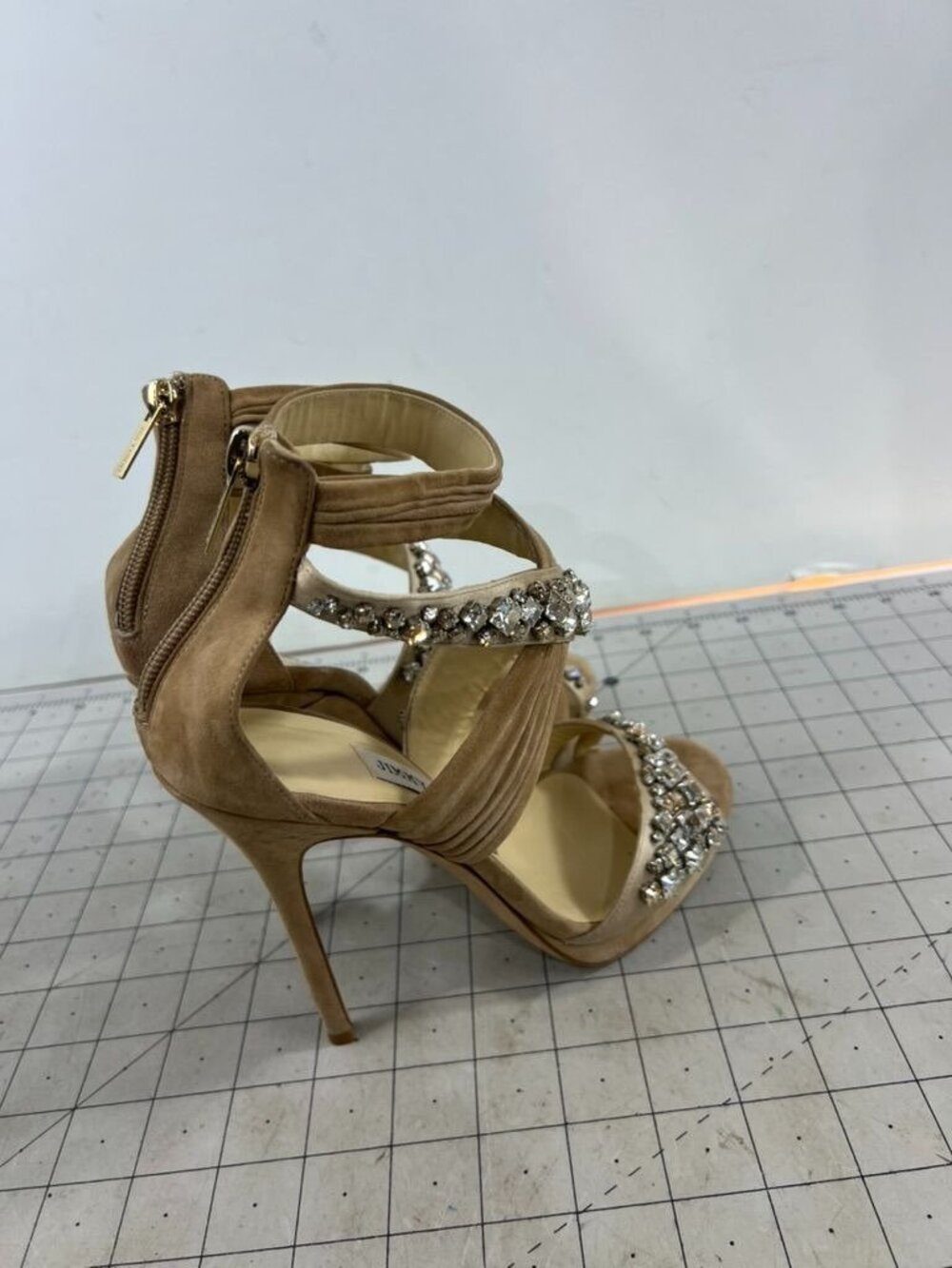 Jimmy Choo Beige Suede Crystal Embellished Strappy High Heels Zip Sz. 37.5 EU - Picture 3 of 11